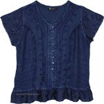 Traditional Vintage Summer Style Plus Size Button Down Top in Deep Blue [9267]