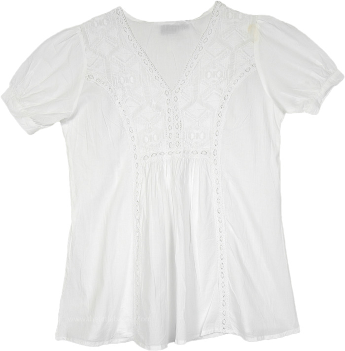 Pure White Cotton Top with Embroidery and Crochet Lace