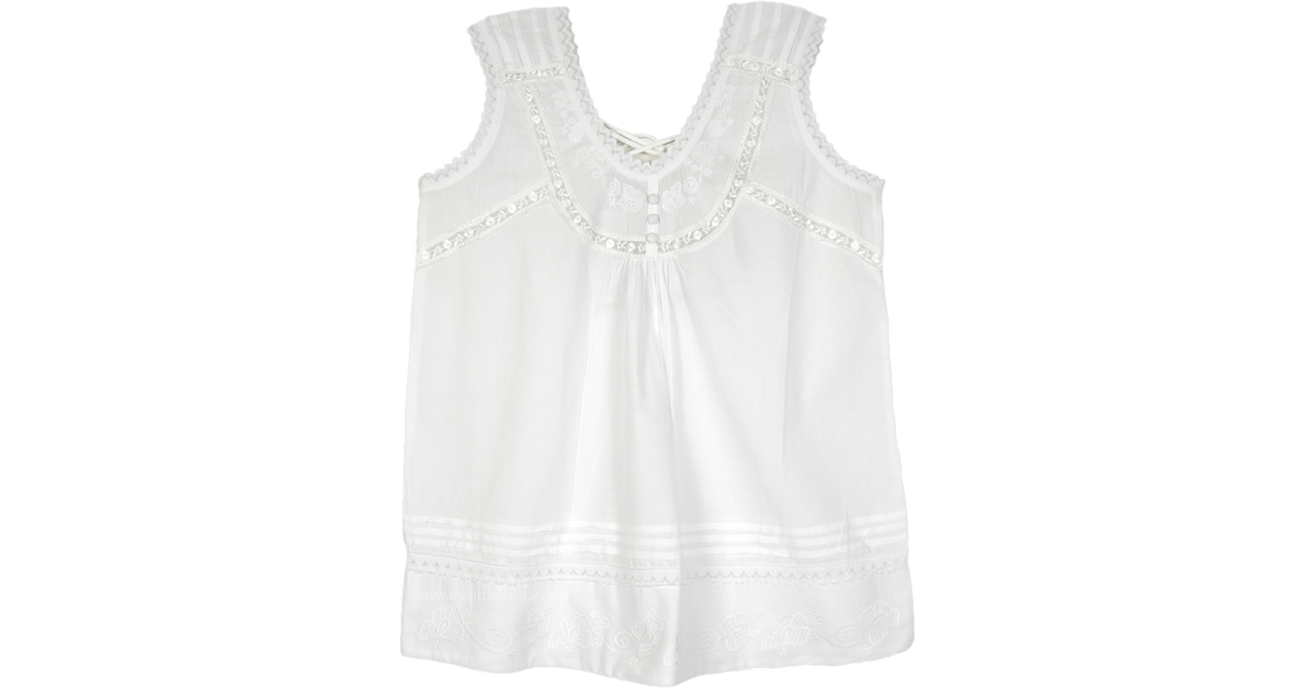 White Cotton Embroidered Top with Crochet Laces and Tie Back | Tunic ...