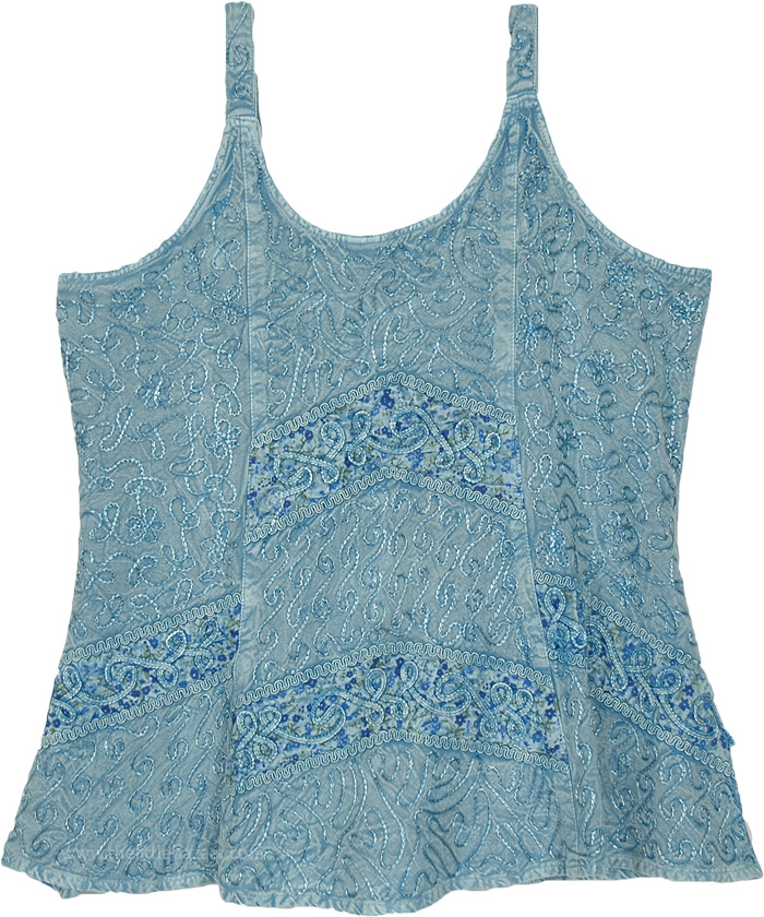Medieval Summer Traditional Vintage Top with Emboidery, Powder Blue Bohemian Dainty Tank Top