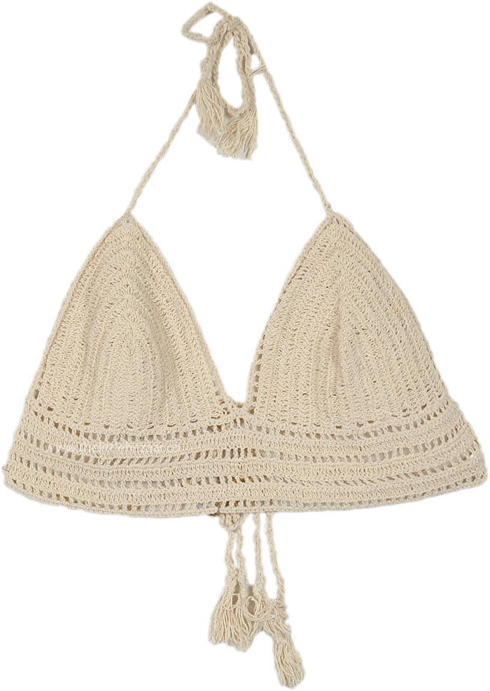 Natural Beige Stripes Small Crochet Tie Up Bralette