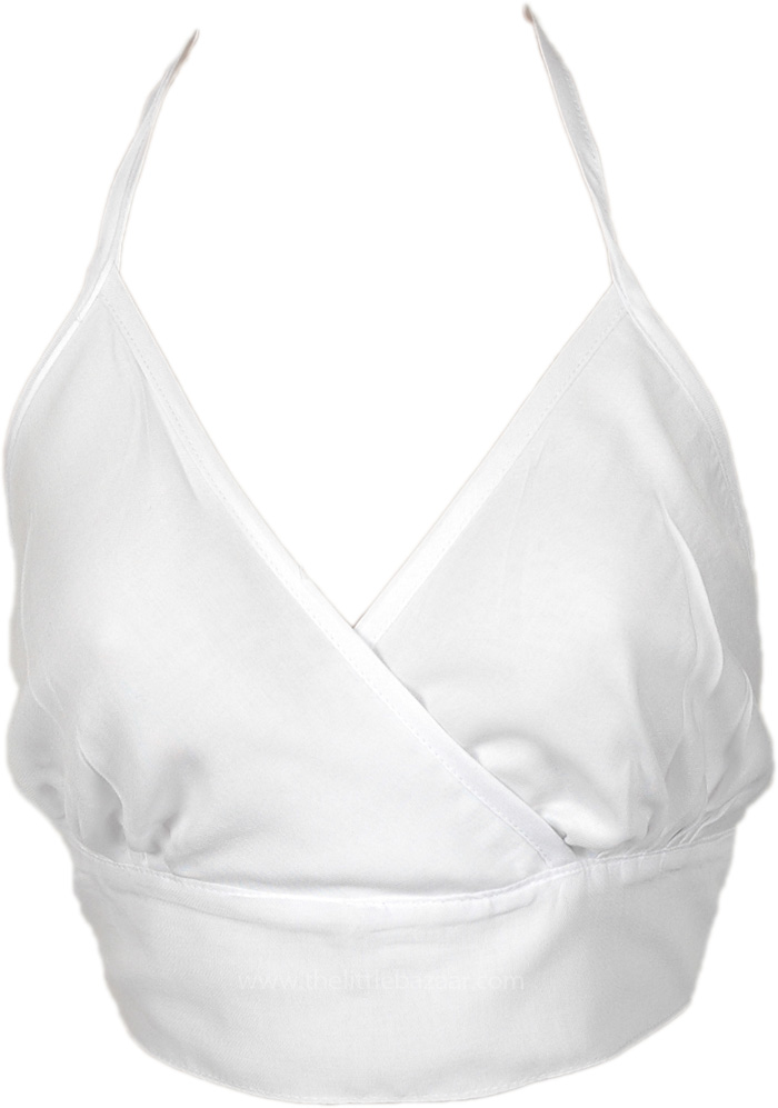 White Plain Overlay Halter Bralette Top, Tunic-Shirt