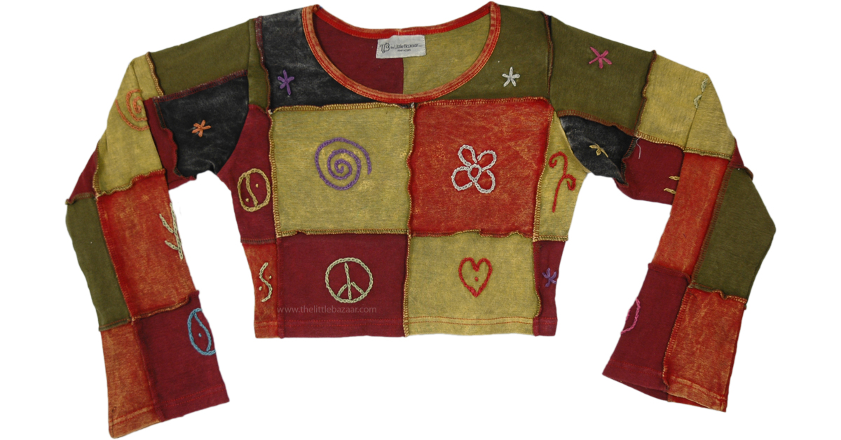 Earth Goddess Long Sleeve Hippie Crop Top TunicShirt Green