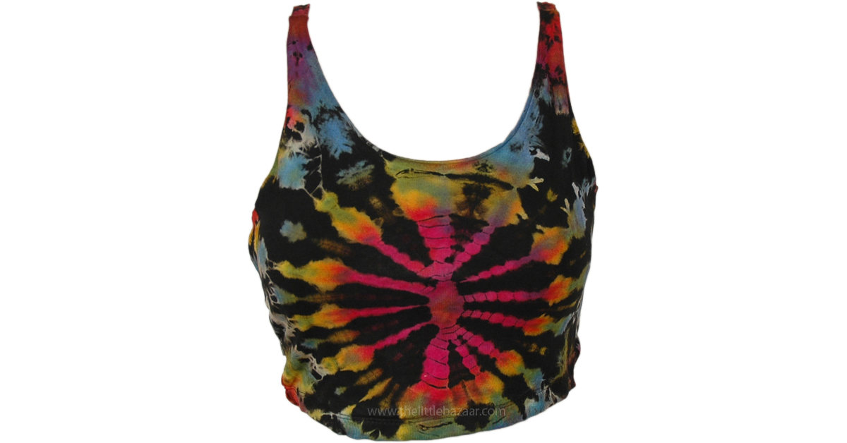 珍しい Tiedye Black Rainbow Boho Black | Tunic-Shirt | Top Crop トップス