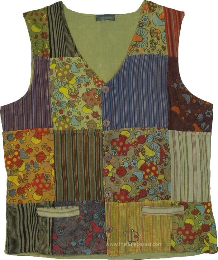 Green Shroom Hippie Patchwork Vest