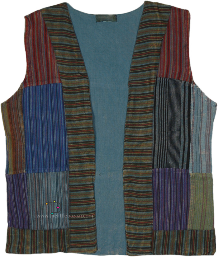 Handmade Patchwork Stripes Open Vest in Blue