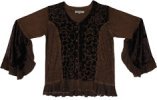 Saddle Velvet Trumpet Sleeve Embroidered Top Blouse