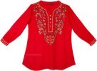 Coral Red Boho Tunic Top with Multicolored Embroidery