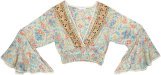 White Wizard Bell Sleeve V Neck Crop Top