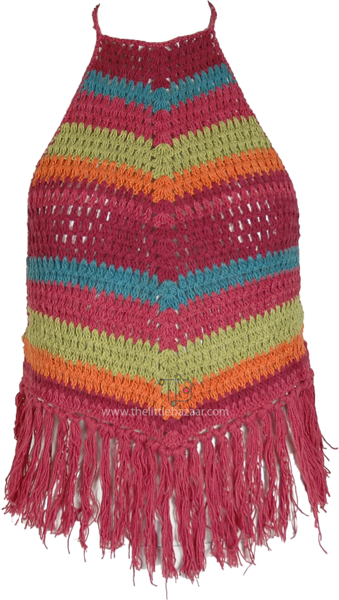 Vibrant Burgundy Crochet Fringe Halter Top