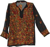 Floral Style Multicolored Embroidered Black Tunic