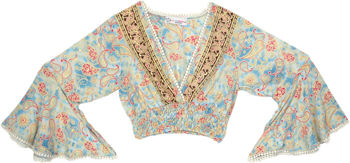White Wizard Bell Sleeve V Neck Crop Top