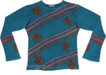 Teal Petal Applique Knit Cotton Womens Top