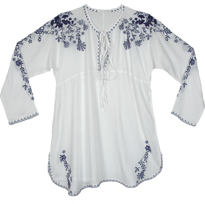 White Blue Embroidered Peasant Blouse