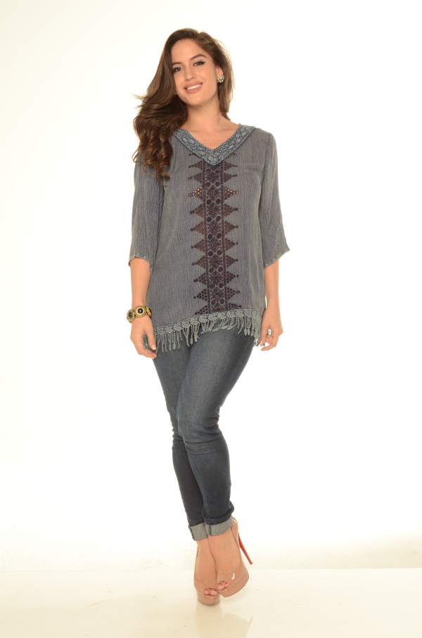 Acid Wash Tunic Top With Fringe