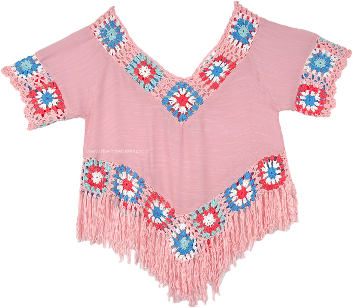 Soft Pink Crop Top with Crochet and Fringe