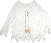 Scalloped Lace Hem Dressy White Top