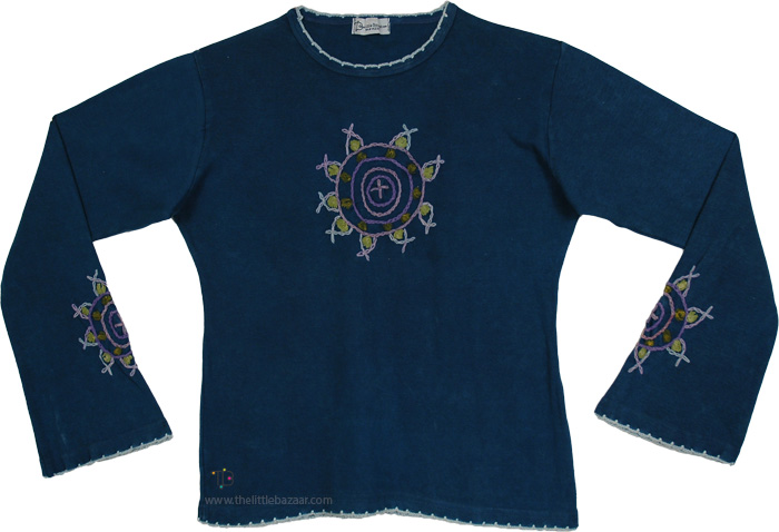Midnight Teal Embroidered Full Sleeve Boho Top