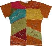 Sunset Mosaic Patchwork Embroidered Knit Tee