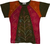 Crimson Earth Embroidered Panel Boho T-Shirt