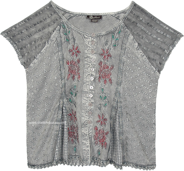 Steel Grey Medieval Style Short Top with Embroidery