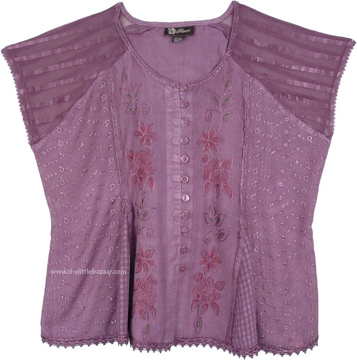 Lavender Medieval Style Short Top with Embroidery