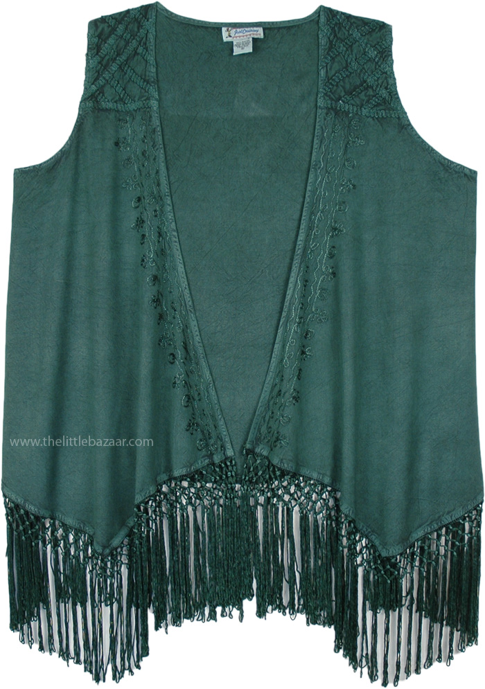 Forest Green Western Rodeo Vest with Embroidery and Fringes