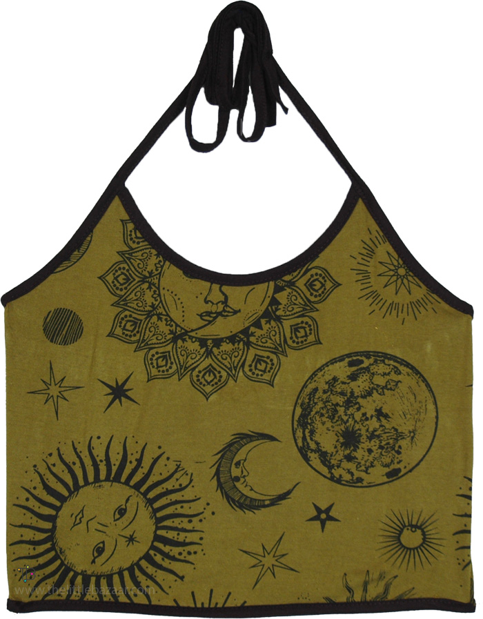 Sun Moon Celestial Boho Halter Crop Top