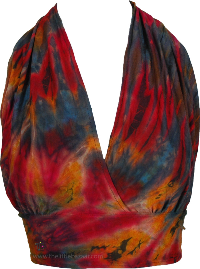 Crimson Fire Halter Wrap Tie Dye Short Top