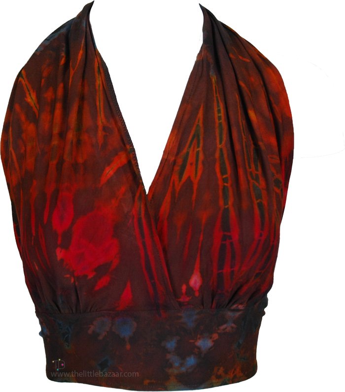 Burgundy V-Neck Tie Dye Halter Wrap Top