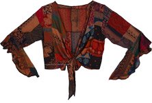 Burgundy Patchwork Bell Sleeves Top with Front Tie