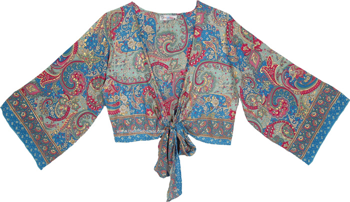 Jewel Tone Boho Wide Sleeve Front Tie Crop Top