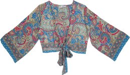 Jewel Tone Boho Wide Sleeve Front Tie Crop Top