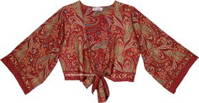Ruby Paisley Metallic Accent Front Tie Crop Top