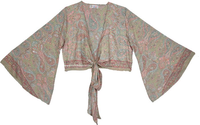 Coral Sage Bell Sleeve Crop Top with Front Tie