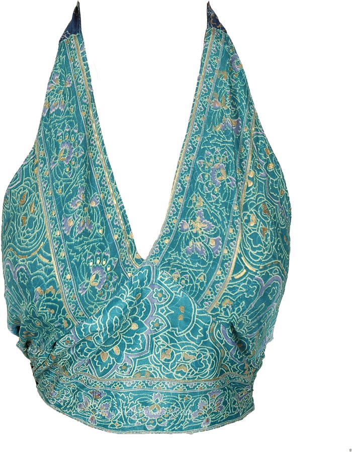 Teal Green Gold Reversible Floral Halter Crop