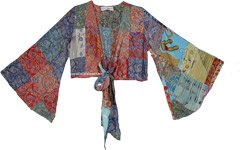 Kaleidoscope Patch Bell Sleeve Front Tie Crop Top