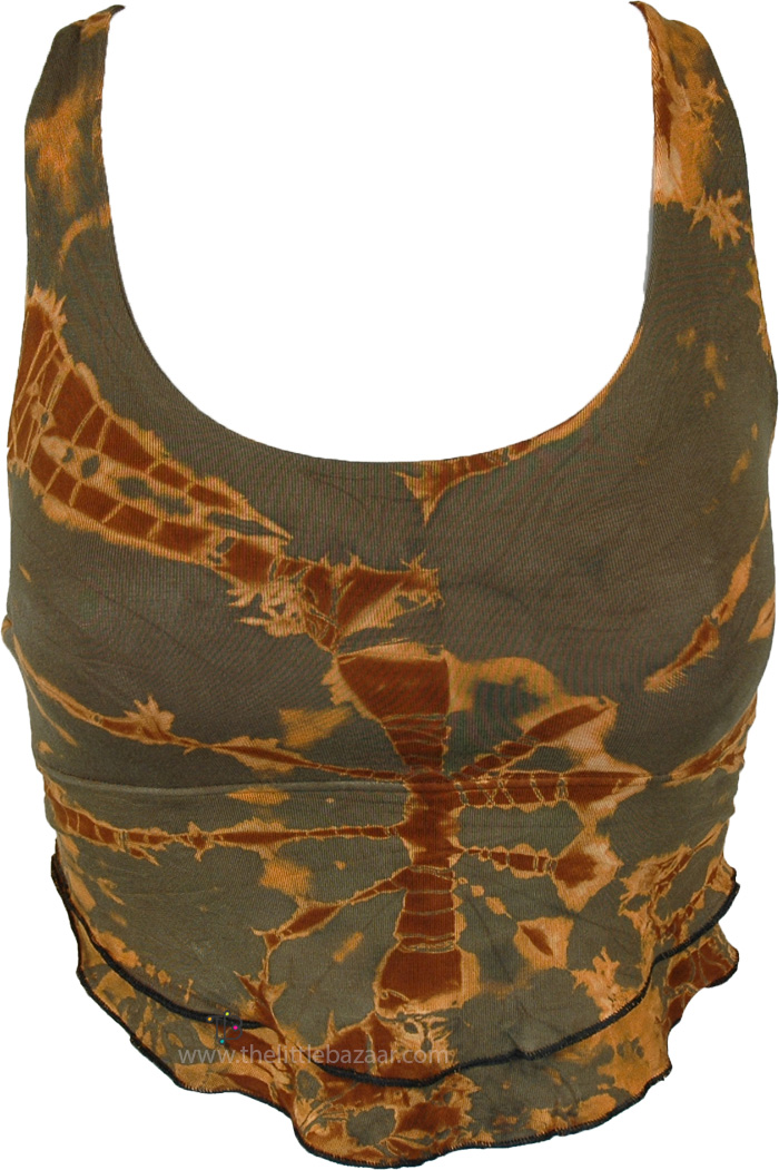 Earthy Green Hippie Tie Dye Lace Back Crop Top