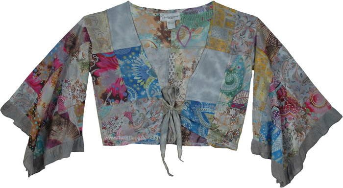 Pewter Floral Bell Sleeves Top with Front Tie