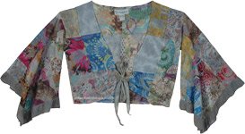 Pewter Floral Bell Sleeves Top with Front Tie