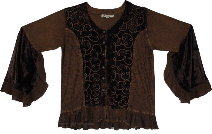 Saddle Velvet Trumpet Sleeve Embroidered Top Blouse