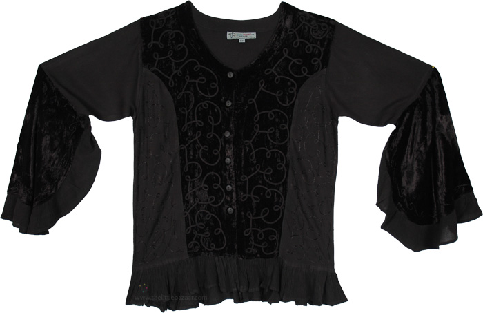 Black Gothic Scroll Velvet Embroidered Blouse