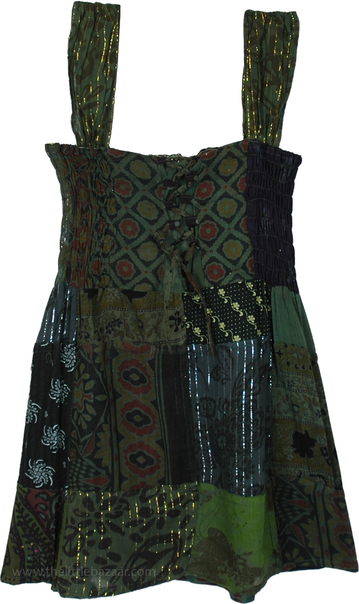 Dark Green Tinsel Cotton Patchwork Smocked Top
