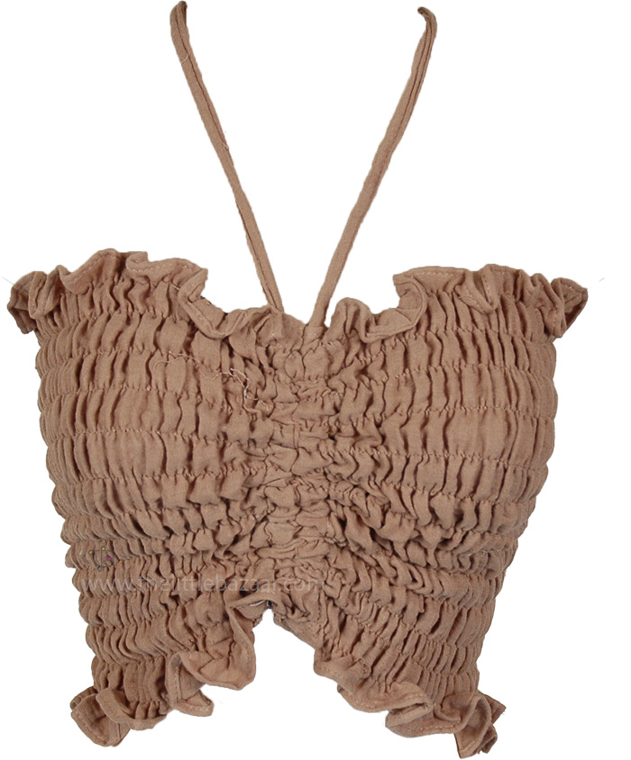 Mocha Sands Cinched Smocked Halter Tube Top