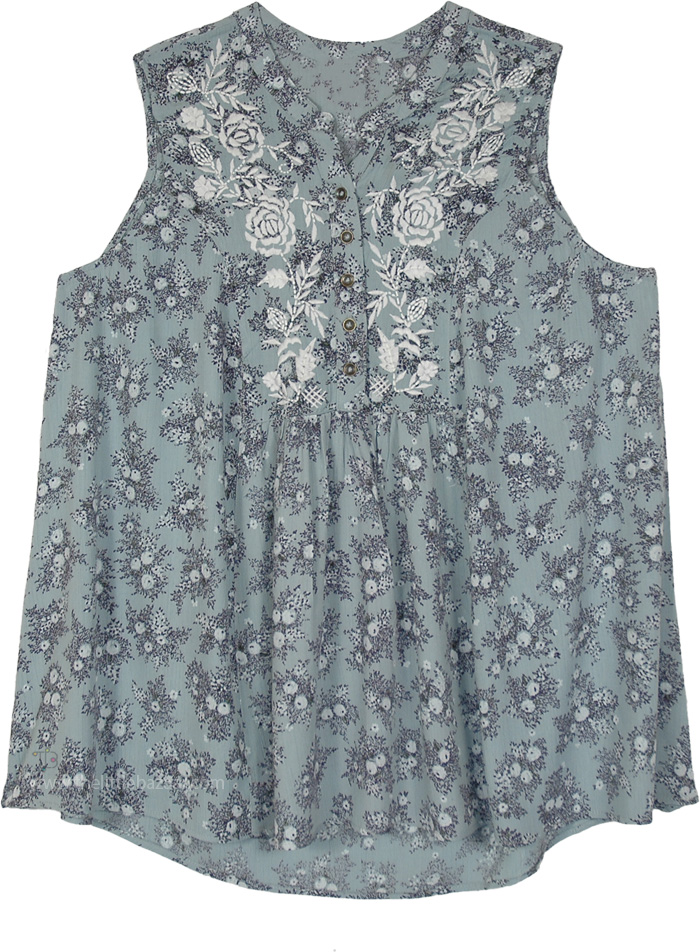 Dusty Teal Rose Embroidered Floral Tunic Tank