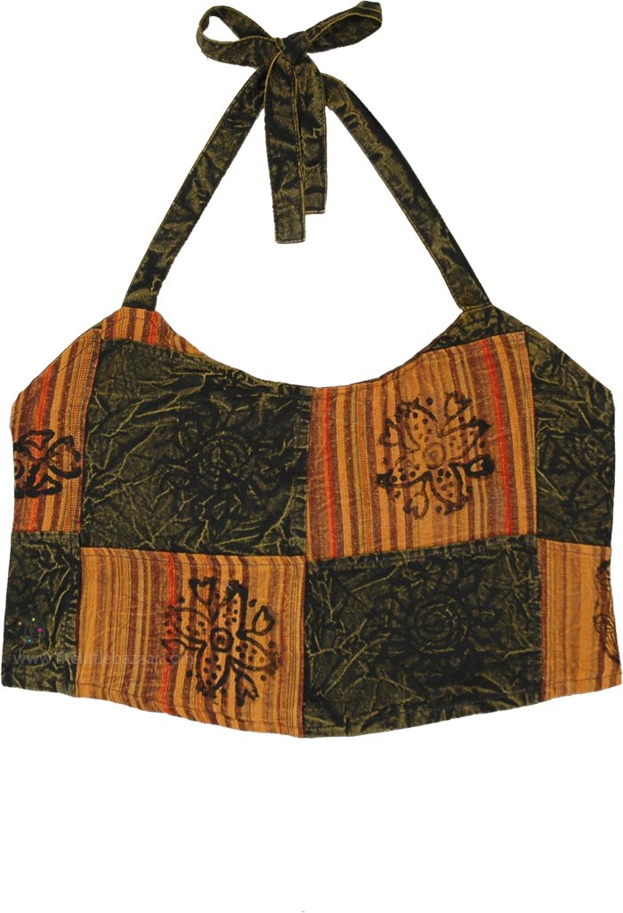 Mustard Earth Block-Print Boho Halter Crop Top