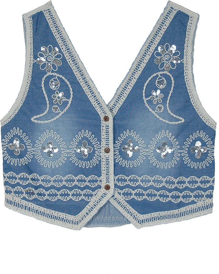 Misty Meadow Sequin Crochet Trim Denim Vest