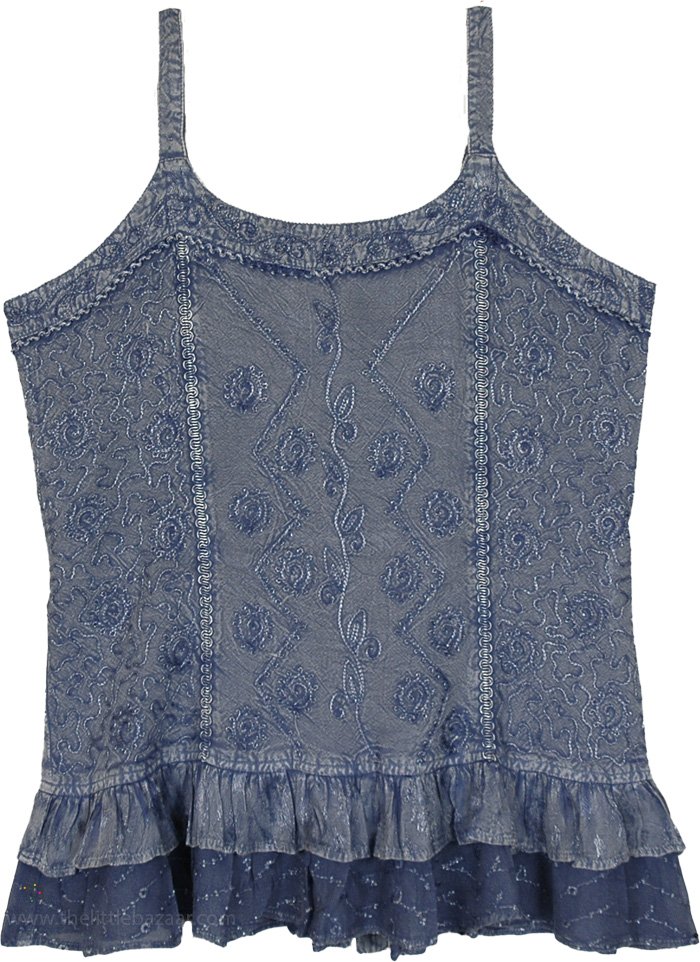 Washed Denim Blue Embroidered Cami Tank Top