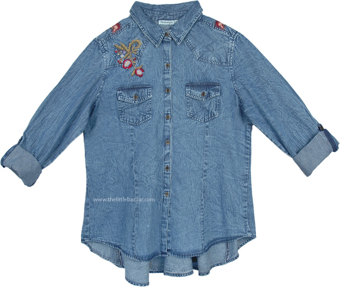Denim Blue Western Chic Vintage Look Shirt with Embroidery