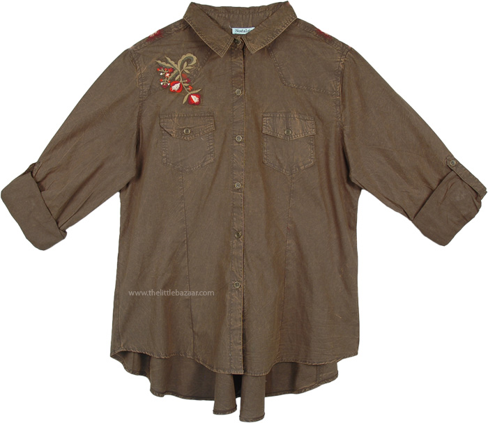 Vintage Olive Western Embroidered Button Down Shirt